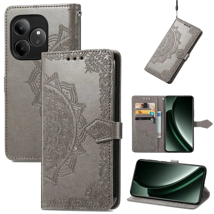 For Realme GT 6 5G Case Card Holder Cash Slots Leather Phone Cover Embossed Mandala Pattern