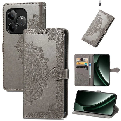 For Realme GT 6 5G Case Card Holder Cash Slots Leather Phone Cover Embossed Mandala Pattern