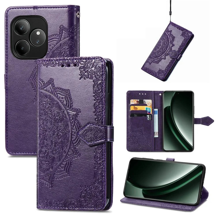 For Realme GT 6 5G Case Card Holder Cash Slots Leather Phone Cover Embossed Mandala Pattern