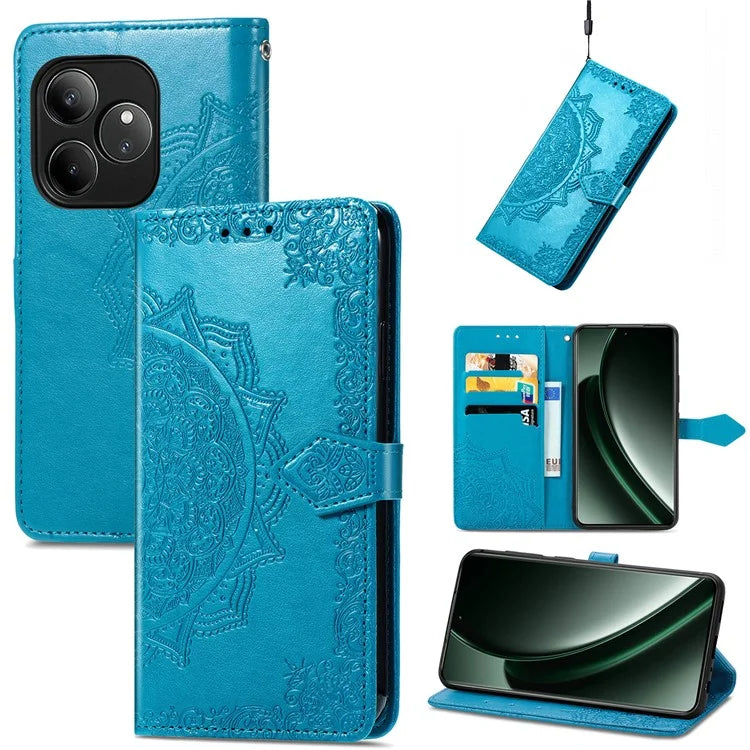 For Realme GT 6 5G Case Card Holder Cash Slots Leather Phone Cover Embossed Mandala Pattern