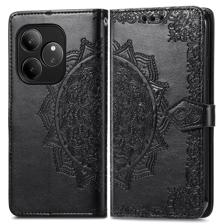 For Realme GT 6 5G Case Card Holder Cash Slots Leather Phone Cover Embossed Mandala Pattern