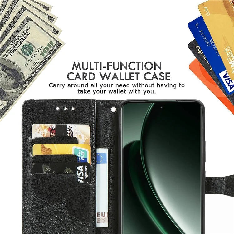 For Realme GT 6 5G Case Card Holder Cash Slots Leather Phone Cover Embossed Mandala Pattern