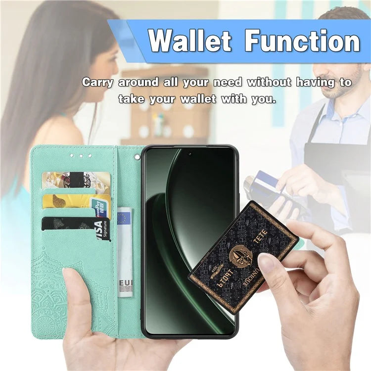 For Realme GT 6 5G Case Card Holder Cash Slots Leather Phone Cover Embossed Mandala Pattern