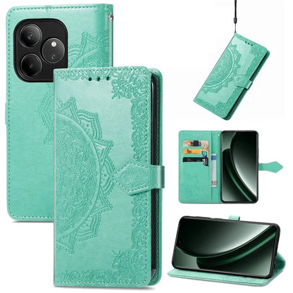 For Realme GT 6 5G Case Card Holder Cash Slots Leather Phone Cover Embossed Mandala Pattern