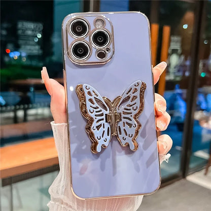 For iPhone 14 Pro Max Case Butterfly Kickstand TPU Electroplating Phone Cover