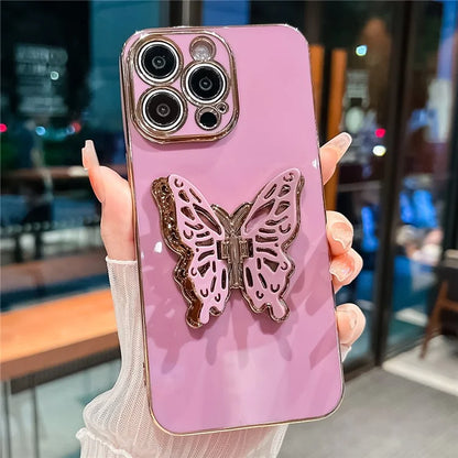 For iPhone 14 Pro Max Case Butterfly Kickstand TPU Electroplating Phone Cover