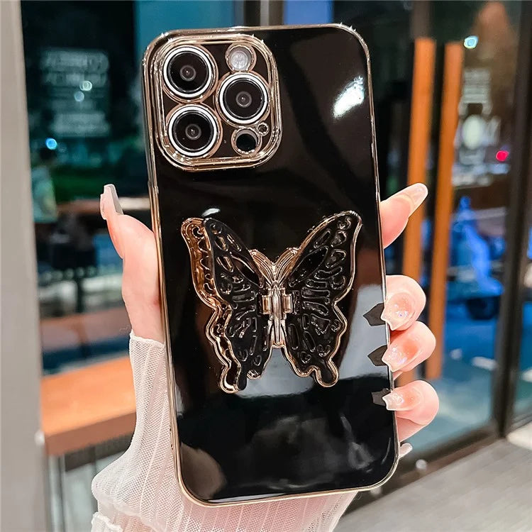 For iPhone 15 Pro Case Butterfly Kickstand TPU Electroplating Phone Cover