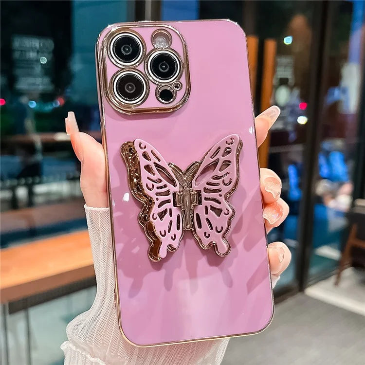 For iPhone 15 Pro Case Butterfly Kickstand TPU Electroplating Phone Cover