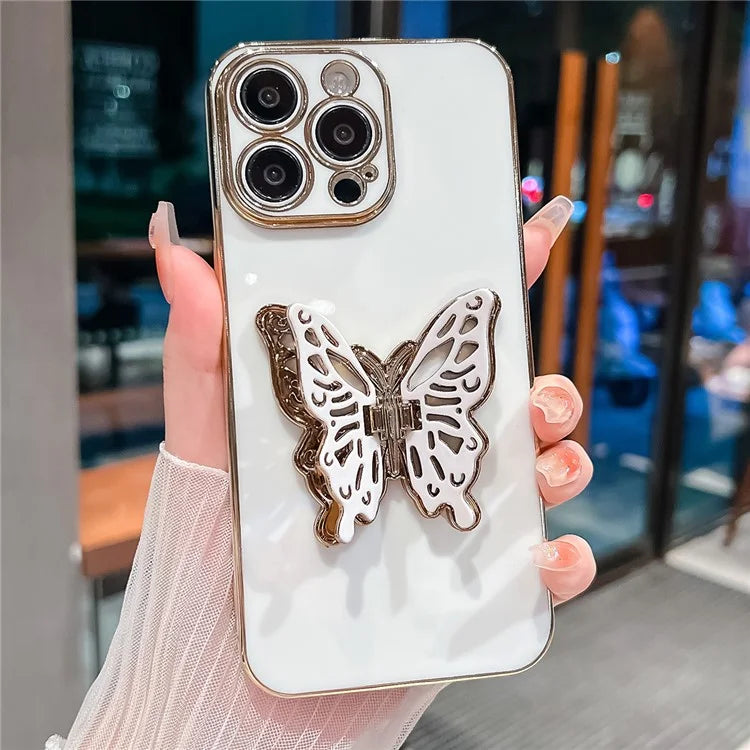 For iPhone 15 Pro Case Butterfly Kickstand TPU Electroplating Phone Cover