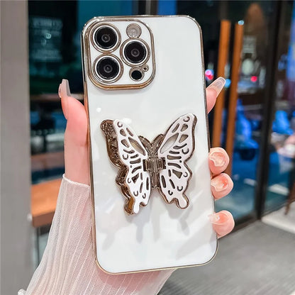For iPhone 15 Pro Case Butterfly Kickstand TPU Electroplating Phone Cover
