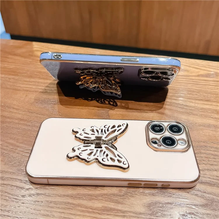 For iPhone 15 Pro Case Butterfly Kickstand TPU Electroplating Phone Cover