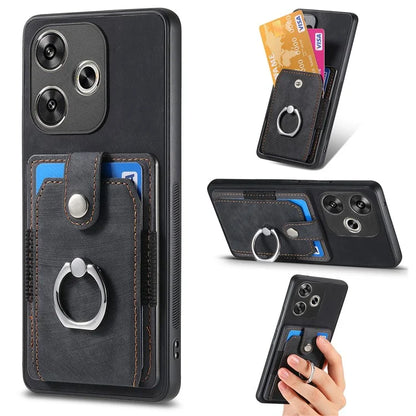 D2 For Xiaomi Poco F6 5G Retro Case Ring Holder Kickstand Leather+TPU Non-Slip Protective Cover Card Slots