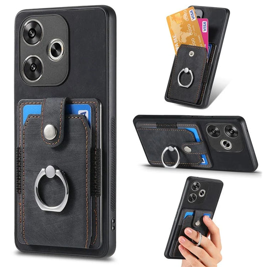 D2 For Xiaomi Poco F6 5G Retro Case Ring Holder Kickstand Leather+TPU Non-Slip Protective Cover Card Slots