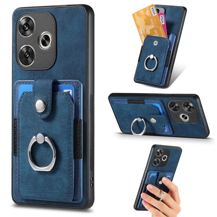 D2 For Xiaomi Poco F6 5G Retro Case Ring Holder Kickstand Leather+TPU Non-Slip Protective Cover Card Slots