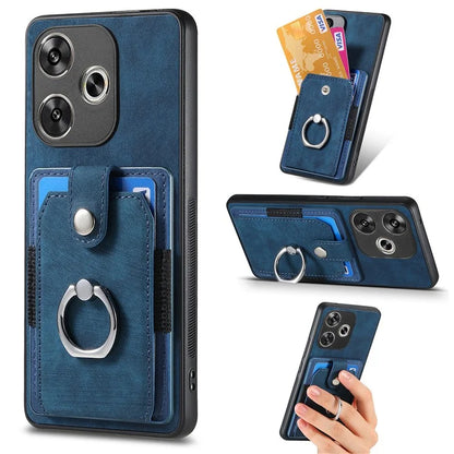 D2 For Xiaomi Poco F6 5G Retro Case Ring Holder Kickstand Leather+TPU Non-Slip Protective Cover Card Slots