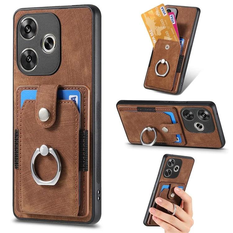 D2 For Xiaomi Poco F6 5G Retro Case Ring Holder Kickstand Leather+TPU Non-Slip Protective Cover Card Slots