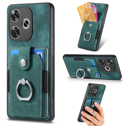 D2 For Xiaomi Poco F6 5G Retro Case Ring Holder Kickstand Leather+TPU Non-Slip Protective Cover Card Slots