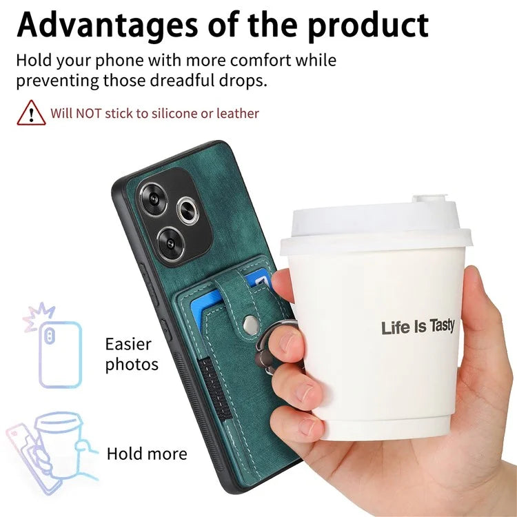 D2 For Xiaomi Poco F6 5G Retro Case Ring Holder Kickstand Leather+TPU Non-Slip Protective Cover Card Slots