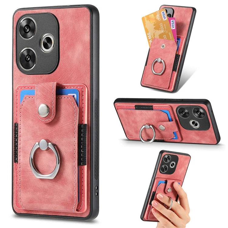 D2 For Xiaomi Poco F6 5G Retro Case Ring Holder Kickstand Leather+TPU Non-Slip Protective Cover Card Slots