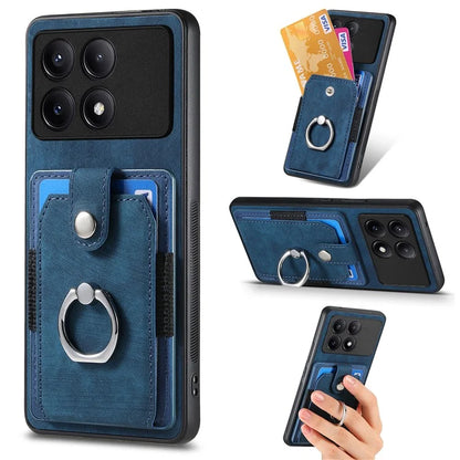 D2 For Xiaomi Poco F6 Pro 5G Retro Case Ring Holder Kickstand Leather+TPU Non-Slip Protective Cover Card Slots