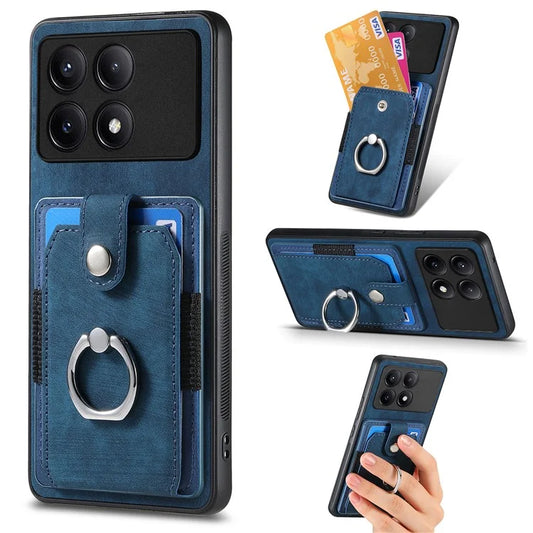 D2 For Xiaomi Poco F6 Pro 5G Retro Case Ring Holder Kickstand Leather+TPU Non-Slip Protective Cover Card Slots