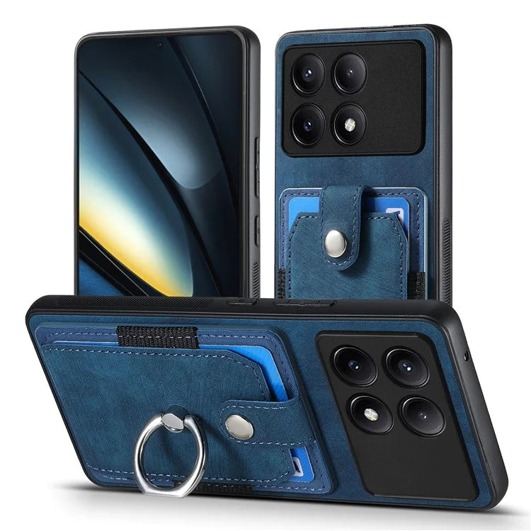 D2 For Xiaomi Poco F6 Pro 5G Retro Case Ring Holder Kickstand Leather+TPU Non-Slip Protective Cover Card Slots