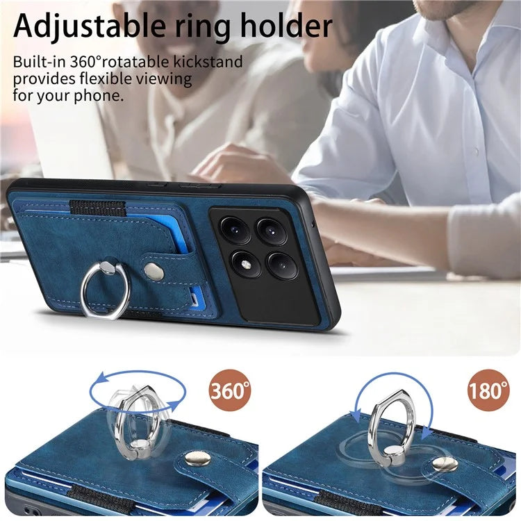D2 For Xiaomi Poco F6 Pro 5G Retro Case Ring Holder Kickstand Leather+TPU Non-Slip Protective Cover Card Slots