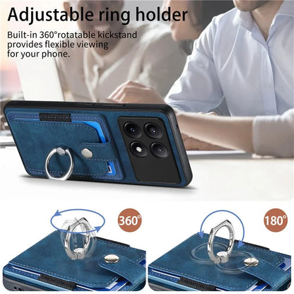 D2 For Xiaomi Poco F6 Pro 5G Retro Case Ring Holder Kickstand Leather+TPU Non-Slip Protective Cover Card Slots