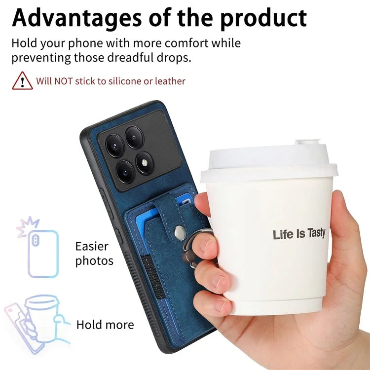 D2 For Xiaomi Poco F6 Pro 5G Retro Case Ring Holder Kickstand Leather+TPU Non-Slip Protective Cover Card Slots