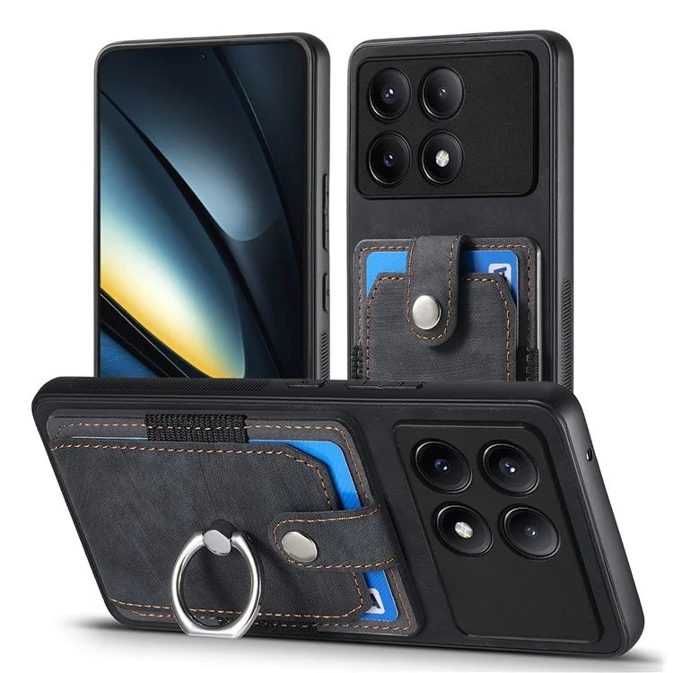 D2 For Xiaomi Poco F6 Pro 5G Retro Case Ring Holder Kickstand Leather+TPU Non-Slip Protective Cover Card Slots