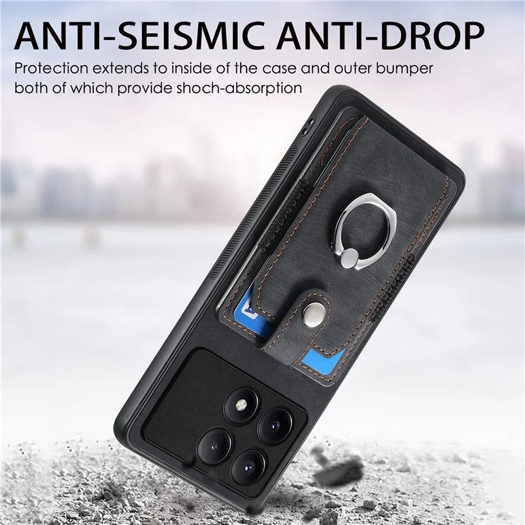D2 For Xiaomi Poco F6 Pro 5G Retro Case Ring Holder Kickstand Leather+TPU Non-Slip Protective Cover Card Slots