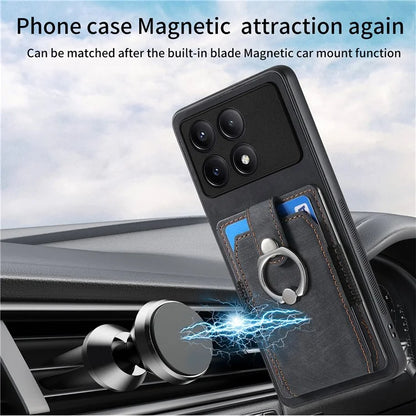 D2 For Xiaomi Poco F6 Pro 5G Retro Case Ring Holder Kickstand Leather+TPU Non-Slip Protective Cover Card Slots