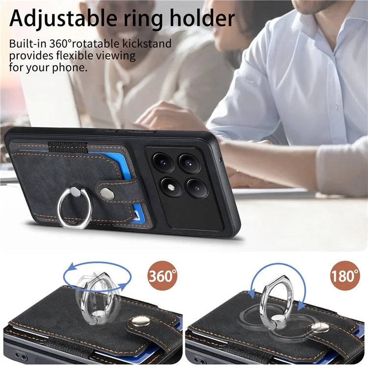 D2 For Xiaomi Poco F6 Pro 5G Retro Case Ring Holder Kickstand Leather+TPU Non-Slip Protective Cover Card Slots