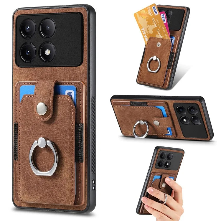 D2 For Xiaomi Poco F6 Pro 5G Retro Case Ring Holder Kickstand Leather+TPU Non-Slip Protective Cover Card Slots