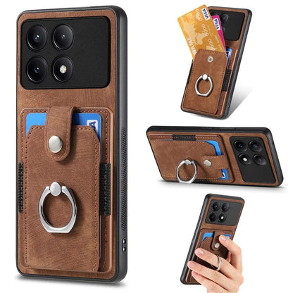 D2 For Xiaomi Poco F6 Pro 5G Retro Case Ring Holder Kickstand Leather+TPU Non-Slip Protective Cover Card Slots