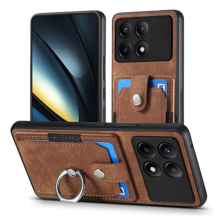 D2 For Xiaomi Poco F6 Pro 5G Retro Case Ring Holder Kickstand Leather+TPU Non-Slip Protective Cover Card Slots