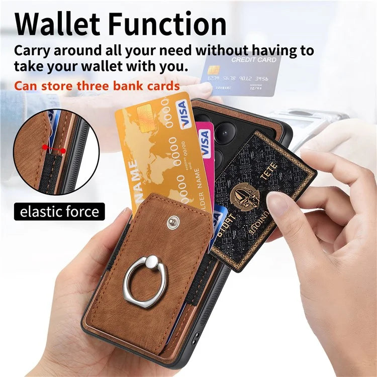 D2 For Xiaomi Poco F6 Pro 5G Retro Case Ring Holder Kickstand Leather+TPU Non-Slip Protective Cover Card Slots