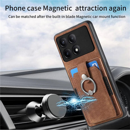 D2 For Xiaomi Poco F6 Pro 5G Retro Case Ring Holder Kickstand Leather+TPU Non-Slip Protective Cover Card Slots