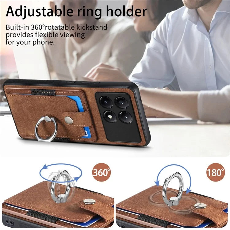 D2 For Xiaomi Poco F6 Pro 5G Retro Case Ring Holder Kickstand Leather+TPU Non-Slip Protective Cover Card Slots