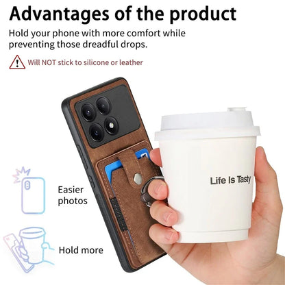 D2 For Xiaomi Poco F6 Pro 5G Retro Case Ring Holder Kickstand Leather+TPU Non-Slip Protective Cover Card Slots
