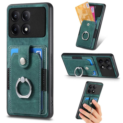 D2 For Xiaomi Poco F6 Pro 5G Retro Case Ring Holder Kickstand Leather+TPU Non-Slip Protective Cover Card Slots