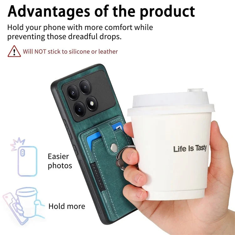 D2 For Xiaomi Poco F6 Pro 5G Retro Case Ring Holder Kickstand Leather+TPU Non-Slip Protective Cover Card Slots