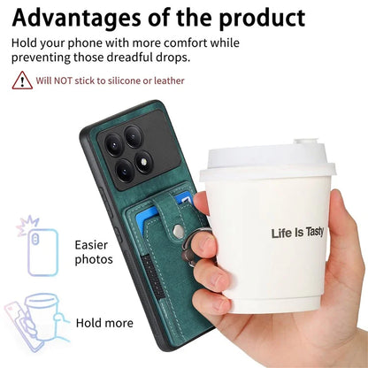 D2 For Xiaomi Poco F6 Pro 5G Retro Case Ring Holder Kickstand Leather+TPU Non-Slip Protective Cover Card Slots