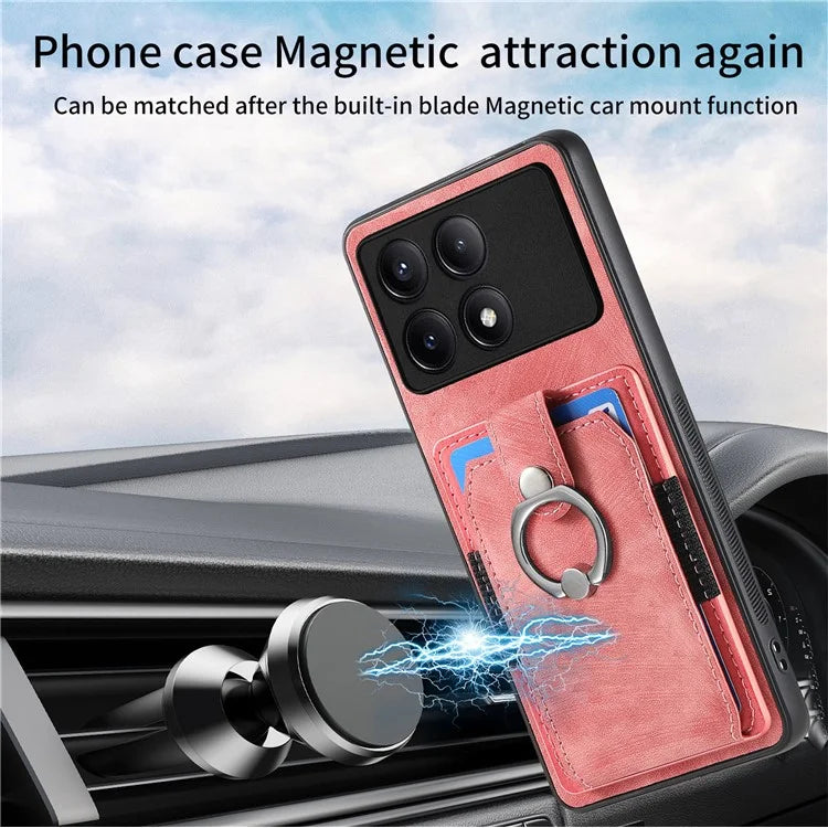 D2 For Xiaomi Poco F6 Pro 5G Retro Case Ring Holder Kickstand Leather+TPU Non-Slip Protective Cover Card Slots