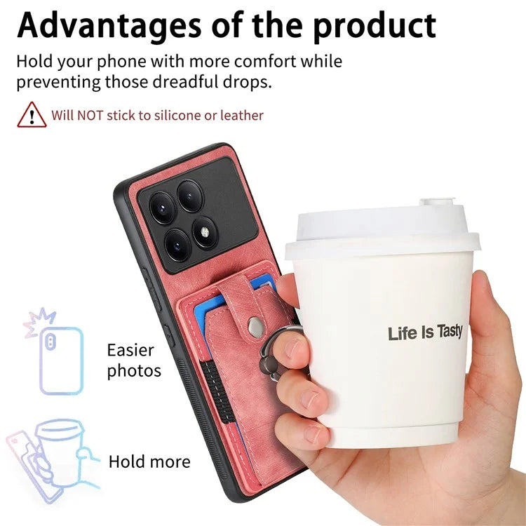 D2 For Xiaomi Poco F6 Pro 5G Retro Case Ring Holder Kickstand Leather+TPU Non-Slip Protective Cover Card Slots