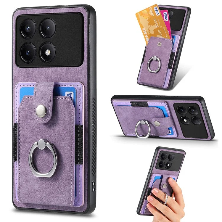 D2 For Xiaomi Poco F6 Pro 5G Retro Case Ring Holder Kickstand Leather+TPU Non-Slip Protective Cover Card Slots