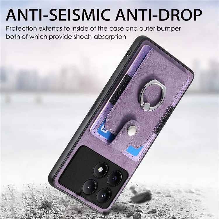 D2 For Xiaomi Poco F6 Pro 5G Retro Case Ring Holder Kickstand Leather+TPU Non-Slip Protective Cover Card Slots