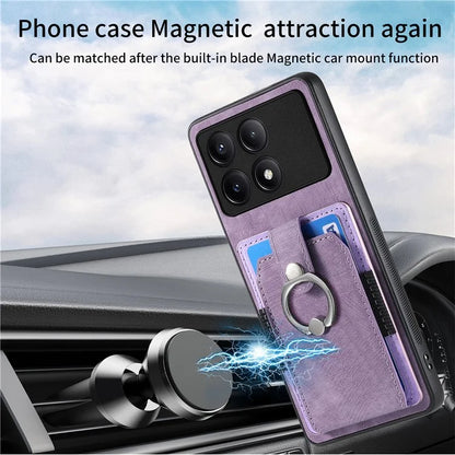 D2 For Xiaomi Poco F6 Pro 5G Retro Case Ring Holder Kickstand Leather+TPU Non-Slip Protective Cover Card Slots