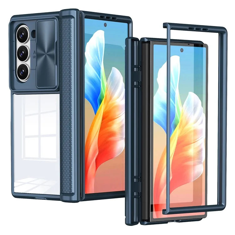 For Samsung Galaxy Z Fold6 5G Case PC Clear Phone Cover with CD-Veins Camera Lens Sliding Lid