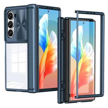 For Samsung Galaxy Z Fold6 5G Case PC Clear Phone Cover with CD-Veins Camera Lens Sliding Lid